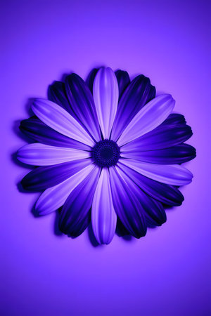 Experience the captivating beauty of a purple daisy, its petals a striking contrast of light and deep violet hues against a serene, solid background. Perfect for modern, elegant designs.の素材