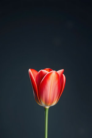 Experience the exquisite beauty of a single, vibrant red tulip. Its delicate petals unfurl gracefully against a deep, moody backdrop, creating a captivating visual.の素材