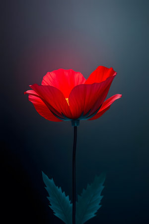 Experience the captivating allure of a single red poppy, its petals radiating an inner glow against a deep, atmospheric backdrop. This stunning bloom evokes nature's delicate beauty and vibrant life.の素材