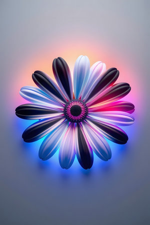 Experience the mesmerizing beauty of an abstract flower radiating with vibrant neon light. Perfect for adding a modern, artistic touch to any creative project.の素材