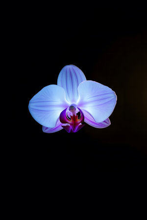 Experience the ethereal glow of a backlit blue orchid, its delicate petals illuminated against a dramatic black backdrop. Perfect for conveying elegance, nature's artistry, and serene beauty.の素材
