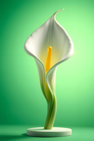 A stunning white calla lily with a bright yellow center stands elegantly against a soft green background, symbolizing purity, grace, and new beginnings.の素材