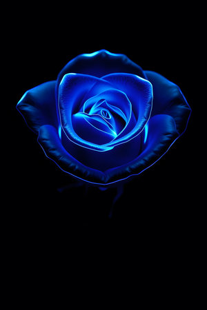 Experience the mesmerizing glow of a surreal blue rose, radiating vibrant light against a dramatic black canvas. Perfect for themes of magic, romance, and modern aesthetics.の素材