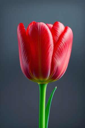 Experience the pure elegance of a single red tulip, its velvety petals a testament to nature's artistry. Perfect for evoking feelings of love, spring renewal, and vibrant beauty.の素材