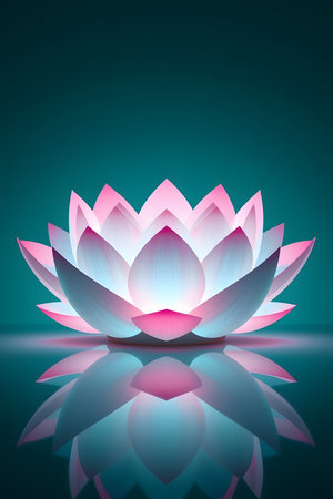 Captivating luminous lotus flower in soft pink and blue hues radiates tranquility. Perfect for wellness, spirituality, and serene aesthetics.の素材