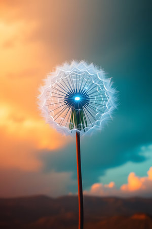 A single dandelion seed head radiates a captivating blue light, set against a breathtaking sunset sky with warm oranges and cool teals. Evokes hope, dreams, and magical moments.の素材