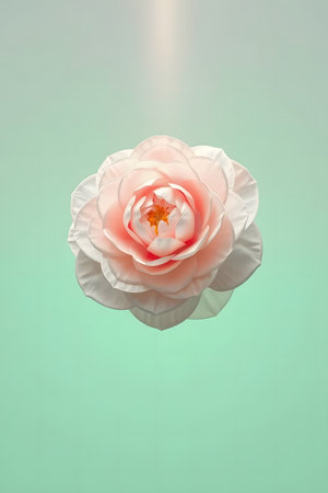 Experience pure tranquility with this exquisite pink camellia, its soft petals unfurling against a calming mint green backdrop. Perfect for beauty, wellness, and nature themes.の素材