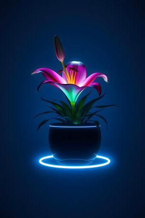 Experience the captivating beauty of a vividly colored lily, artfully illuminated by a cool neon glow. This modern botanical scene evokes a sense of futuristic elegance and natural wonder.の素材