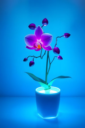 Captivating purple orchid in full bloom, showcasing delicate petals and unopened buds bathed in ethereal blue light. Perfect for serene, elegant, or modern wellness themes.の素材