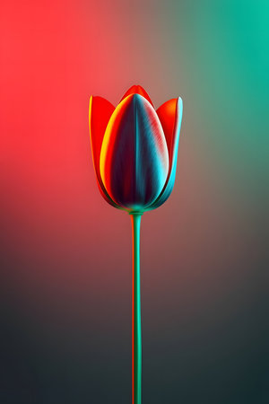 Experience the captivating beauty of a single red tulip bathed in dramatic neon red and teal light. Its elegant form stands out against a soft gradient, creating a modern, artistic statement perfect for design projects.の素材