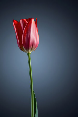 Experience the pure elegance of a single, vibrant red tulip. Its delicate petals and lush green stem, captured in soft studio light, evoke feelings of romance and natural beauty. Perfect for designs celebrating spring, love, or organic themes.の素材