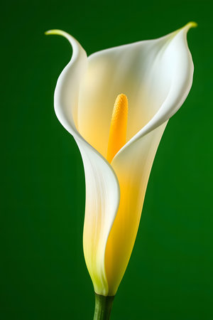 A stunning close-up of a pure white calla lily unfurling its petals, revealing a bright yellow stamen. Its elegant form against a rich green background evokes serenity and natural beauty.の素材
