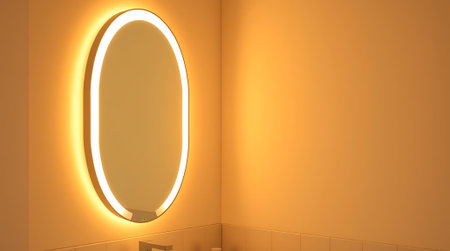 Experience tranquility with this modern illuminated oval mirror, casting a warm, inviting glow on elegant tiles. Perfect for creating a serene, spa-like bathroom sanctuary.の素材