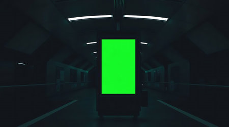 Captivating digital billboard with a vibrant green screen awaits your message in a sleek, modern subway station. Perfect for futuristic advertising and impactful announcements.の素材