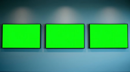 Three large green screens await your custom content, offering a versatile blank canvas for dynamic presentations, digital art, or immersive media projects.の素材