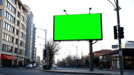 Capture attention with this dynamic urban billboard featuring a bright green screen perfect for dynamic advertisements, positioned on a bustling city street.の素材