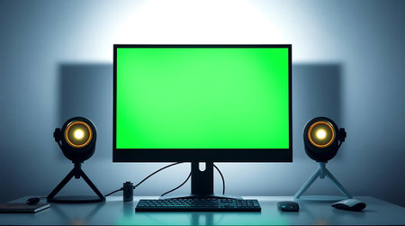 Elevate your projects with this sleek computer setup featuring a vivid green screen and dynamic lighting, ideal for seamless editing and impactful visual content creation.の素材