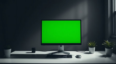 Elevate your digital projects with this sleek, modern desk featuring a vivid green screen monitor, perfect for seamless editing and imaginative design.の素材