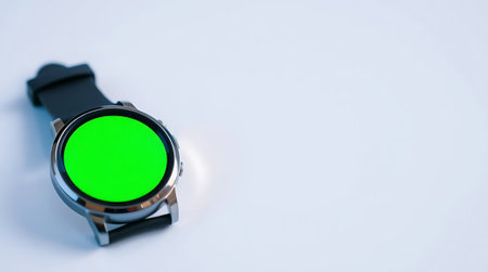 Capture attention with this modern smartwatch featuring a striking green screen, perfect for showcasing custom designs and driving tech innovation. Its sleek look offers endless commercial possibilities.の素材