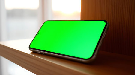 Showcase your digital creations on this sleek modern smartphone featuring a bright green screen perfect for custom content, app demos, or engaging virtual experiences.の素材