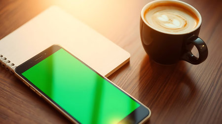 Inspiring scene of modern productivity with a smartphone, coffee, and notebook. Evokes focus, creativity, and successful work sessions in a warm, inviting environment.の素材