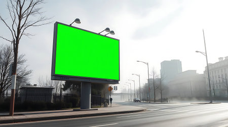 Capture attention with this versatile blank green screen billboard, ready for your impactful advertising message on a dynamic city street. Endless possibilities await!の素材