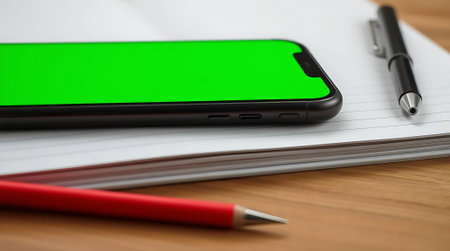 Capture the essence of modern innovation with this smartphone featuring a vibrant green screen, resting on a notebook with elegant writing tools. Ideal for tech concepts.の素材