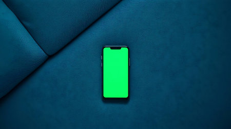 A modern smartphone sits on a textured blue surface, its vibrant green screen awaiting your custom content. Perfect for showcasing apps, websites, or creative designs with a professional touch.の素材