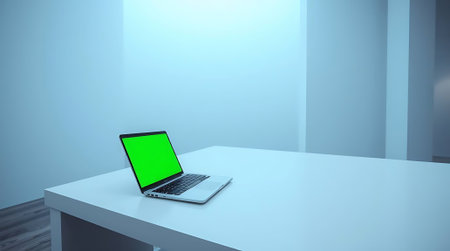 Unlock limitless possibilities with this sleek laptop featuring a brilliant green screen, perfect for dynamic visual projects and seamless content creation in any modern setting.の素材