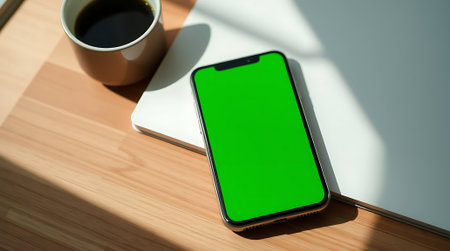Unlock creative potential with this sleek smartphone featuring a vibrant green screen, perfect for showcasing your custom content. A perfect blend of modern tech and daily ritual.の素材