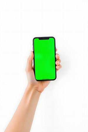 Seamlessly integrate your digital creations with this clean hand holding a vibrant green screen smartphone, perfect for app previews and dynamic content.の素材