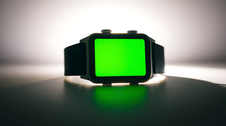 Sleek smartwatch with bright green screen, perfect for showcasing custom apps, content, or innovative designs. Elevate your projects with this versatile tech.の素材