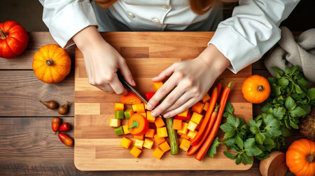 Experience the joy of creating a vibrant, healthy meal with hands skillfully preparing fresh autumn vegetables. Perfect for culinary blogs, healthy eating campaigns, and seasonal promotions.の素材