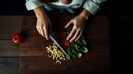 Experience the art of culinary creation as skilled hands prepare fresh, vibrant ingredients. Perfect for food blogs, restaurant promotions, and healthy lifestyle content.の素材