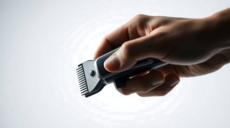 Sleek electric hair clipper held by a hand, perfect for professional grooming and precise personal styling. Achieve a clean, modern look with this essential beauty tool.の素材