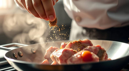 Capturing the moment a chef artfully seasons sizzling meat, this scene evokes warmth, delicious aromas, and the creation of a gourmet culinary masterpiece. Perfect for food blogs, restaurant promotions, and recipe content.の素材