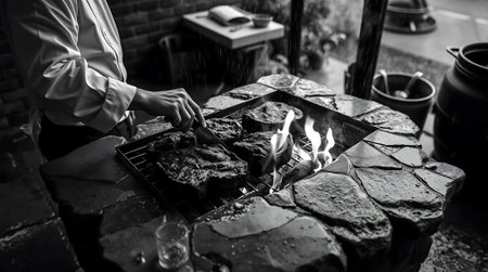 Experience the primal allure of expertly grilled steaks, their sizzling sound and smoky aroma promising an unforgettable gourmet meal. Perfect for culinary inspiration.の素材