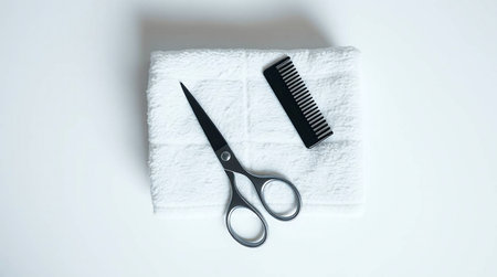 Essential professional tools, scissors and comb, laid out on a plush white towel. Perfect for showcasing salon services, grooming, or beauty industry themes with a clean, modern aesthetic.の素材