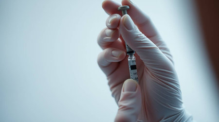 Professional hands, protected by sterile gloves, meticulously prepare a life-saving injection, symbolizing hope, modern medical advancement, and essential healthcare.の素材