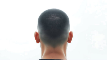 A fresh, clean-shaven young man's head, viewed from behind, against a bright, minimalist background. Captures a sense of modern simplicity and personal grooming.の素材