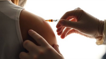A close-up view of a medical professional administering a vaccine injection, symbolizing health, protection, and a commitment to well-being. Essential for campaigns on public health, preventative care, and medical advancements.の素材