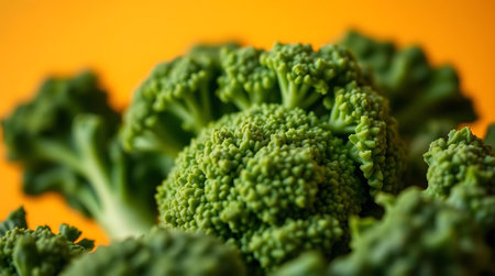 Experience the vibrant appeal of fresh broccoli florets, their intricate textures highlighted against a warm orange backdrop, perfect for health-focused culinary content.の素材