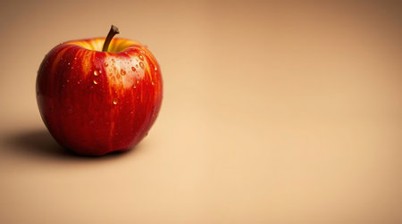 Captivating close-up of a glistening red apple, its surface adorned with refreshing water droplets, creating a vibrant and healthy appeal perfect for promoting wellness and natural goodness.の素材