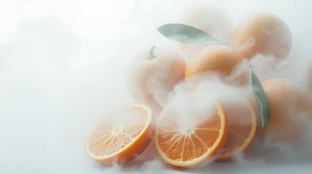 Captivating citrus scene with whole and halved oranges shrouded in ethereal mist, perfect for conveying freshness, health, and vibrant flavor in food and drink marketing.の素材