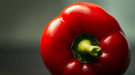 Capture the essence of fresh ingredients with this stunning close-up of a vibrant red bell pepper. Its glossy sheen and fresh green stem evoke health and culinary inspiration.の素材