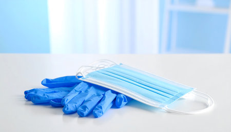 Blue medical face mask and protective disposable gloves arranged on a soft white background, symbolizing hygiene and safety in healthcare.の素材