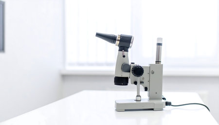 A modern medical otoscope sits ready on a clean clinic table, symbolizing precise diagnosis and expert patient care. Essential for healthcare professionals seeking quality medical imagery.の素材