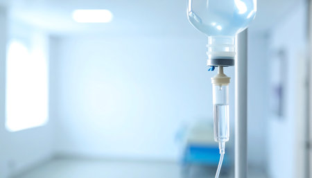 A tranquil, clean hospital room setting with an IV drip bag. This image is perfect for healthcare, medical, and wellness projects, evoking feelings of care, recovery, and support. Ideal for articles, websites, and marketing materials.の素材