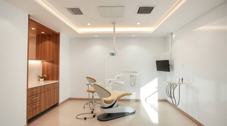 A bright modern dental clinic interior design showcasing clean lines and professional equipment provides a sense of trust and high-quality patient care.の素材