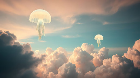 Imagine a world where jellyfish drift among fluffy clouds bathed in the warm glow of sunset, evoking peace and wonder. Perfect for fantasy or nature concepts.の素材